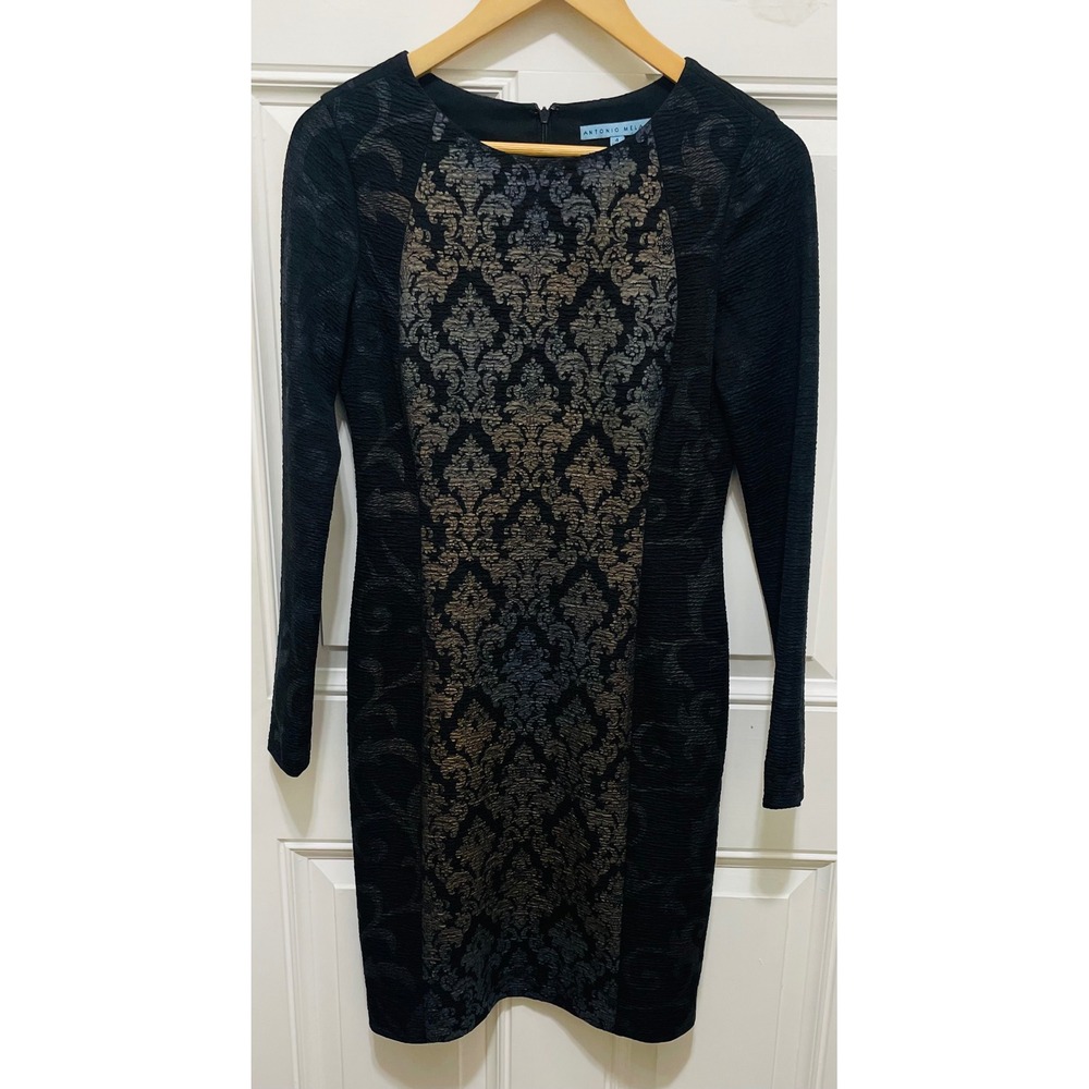 Antonio Melani Sheath Dress‎ Damask Print Long Sleeve Party Black Size 4
